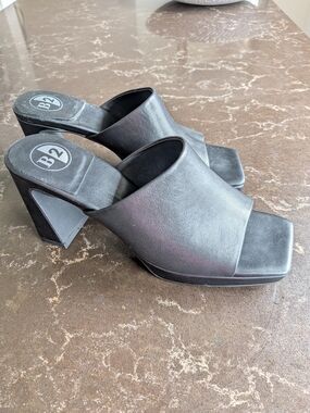 B2 Black Faux Leather Open-Toe Mule Heels